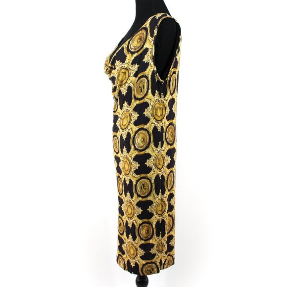 Versace Jeans Black Gold Design Draping Neckline Sleeveless Shift Dress Size 48 - Picture 4 of 8
